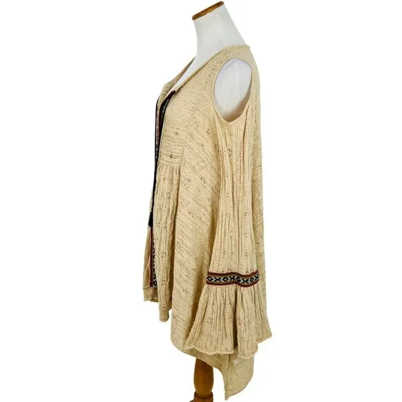 Free People Beige Crochet Cold Shoulder Bell Slv Asymmetrical Tunic Mini Dress - Picture 15 of 16